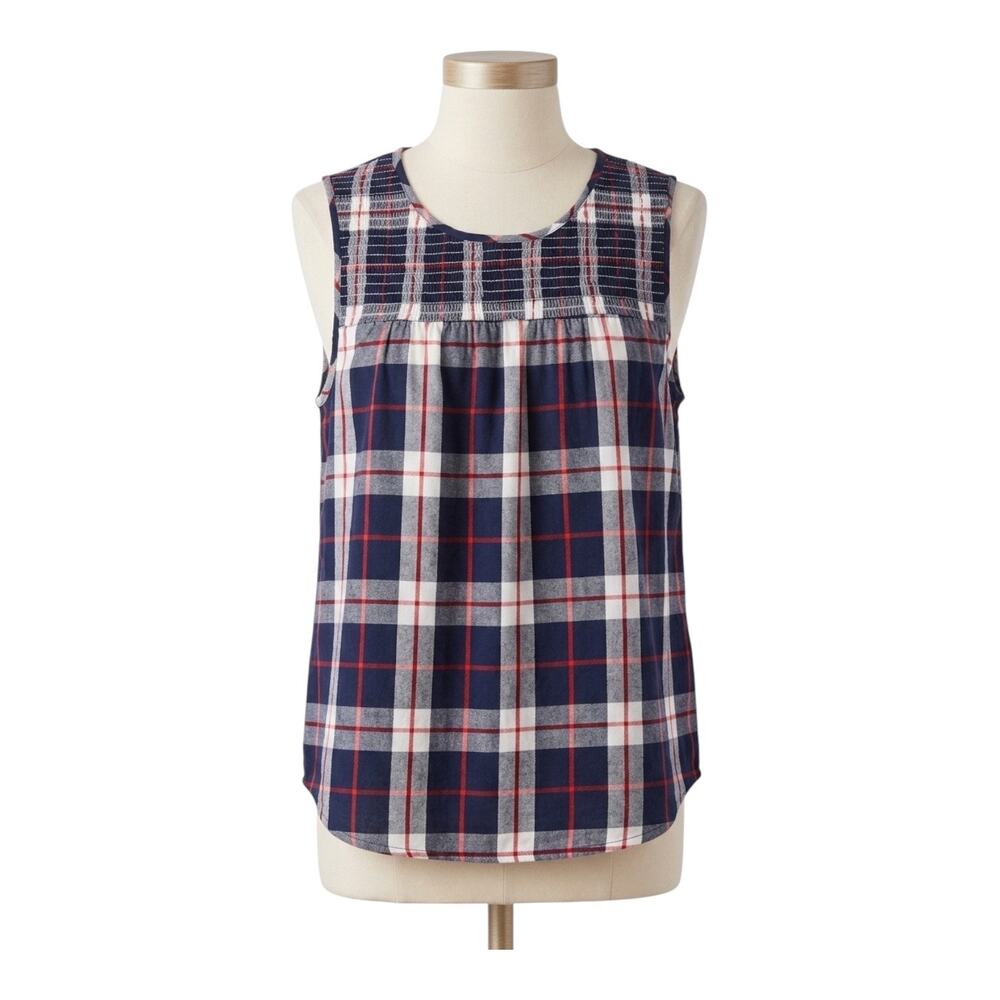 Knox Rose Plaid Tank Top Red White Blue Smocked Yoke Sleeveless Blouse Medium